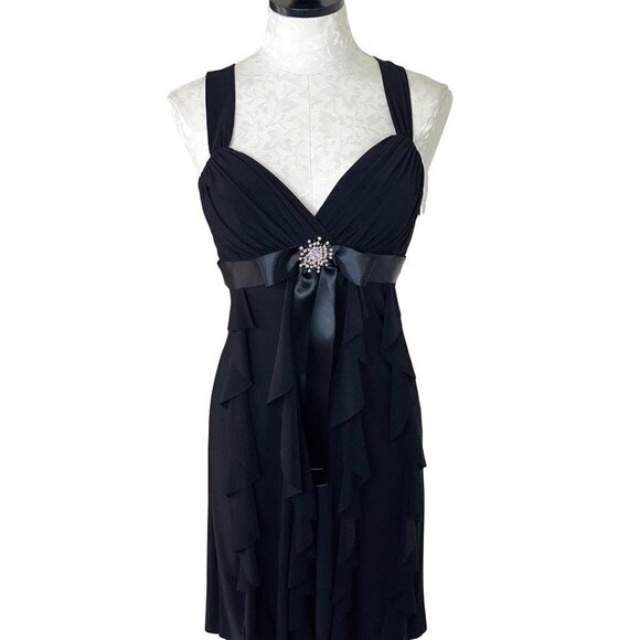 Cache Womens Ruffle Dress Black Size 6 Chiffon Long Ribbon Rhinestone Brooch Bow - Picture 1 of 12